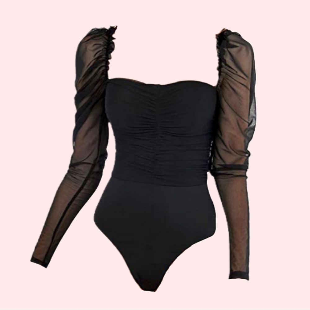 Black Square neck bodysuit puff mesh sleeves